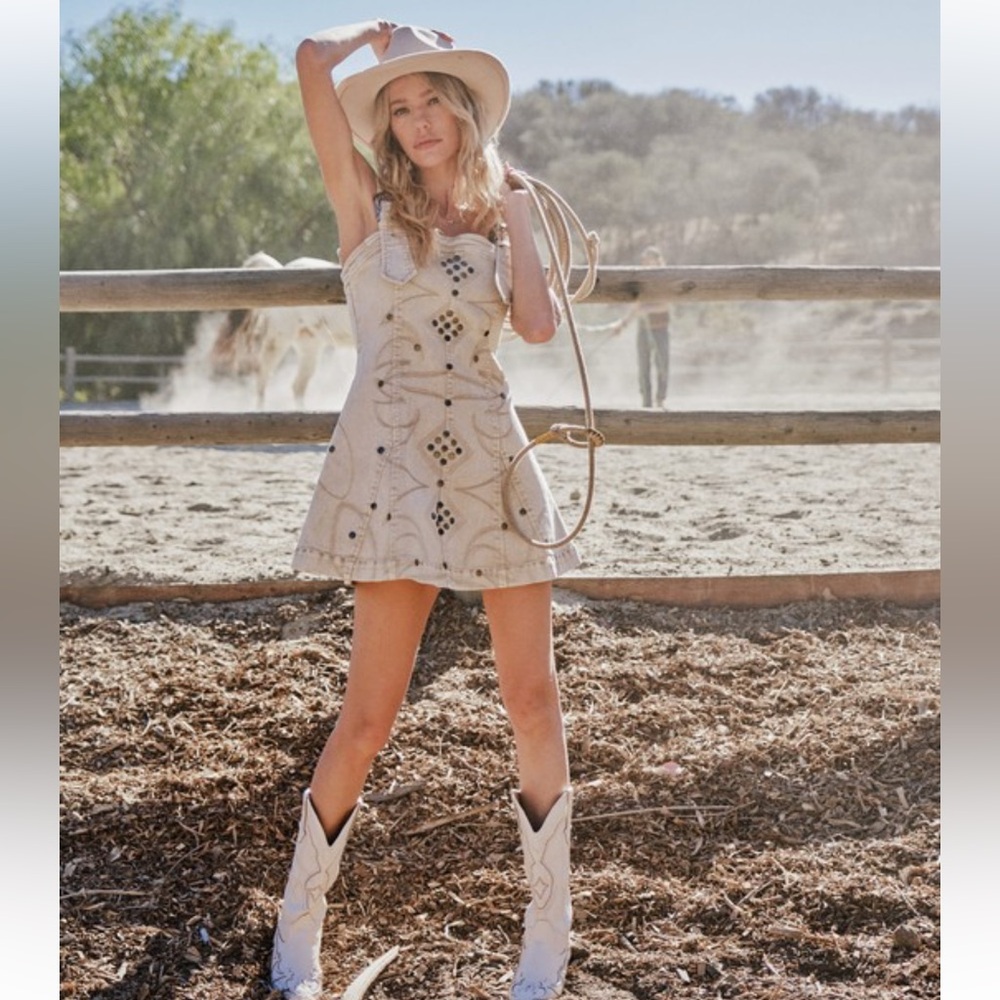 Absolutely Gorgeous Blue B.stretch denim western Studded Embroidered Mini Dress - Picture 4 of 4